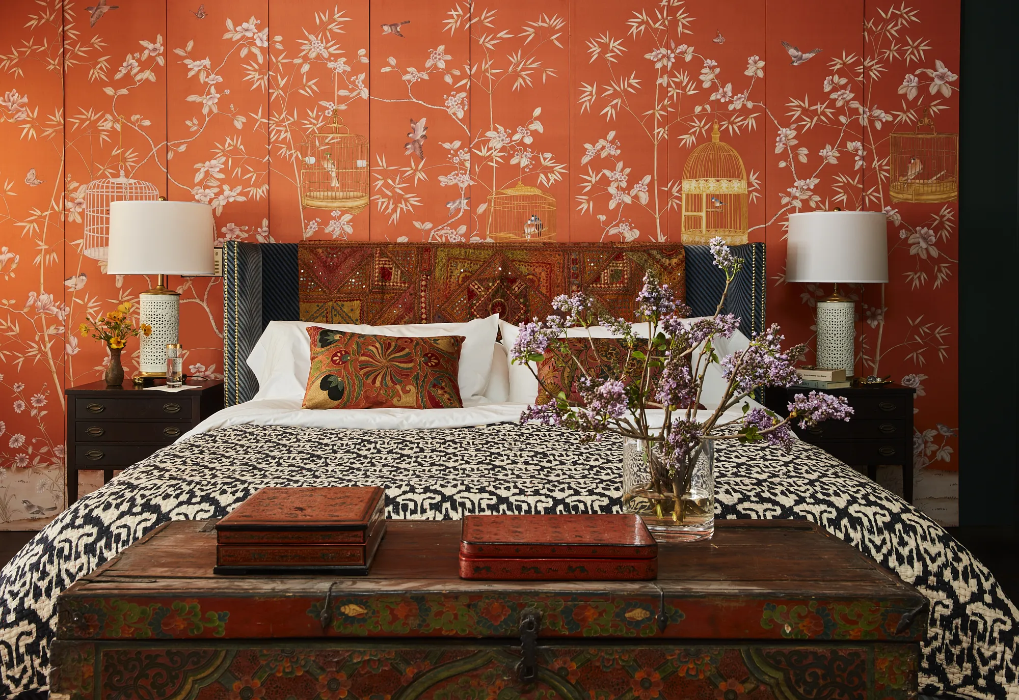 Stunning oriental wall panels in master bedroom